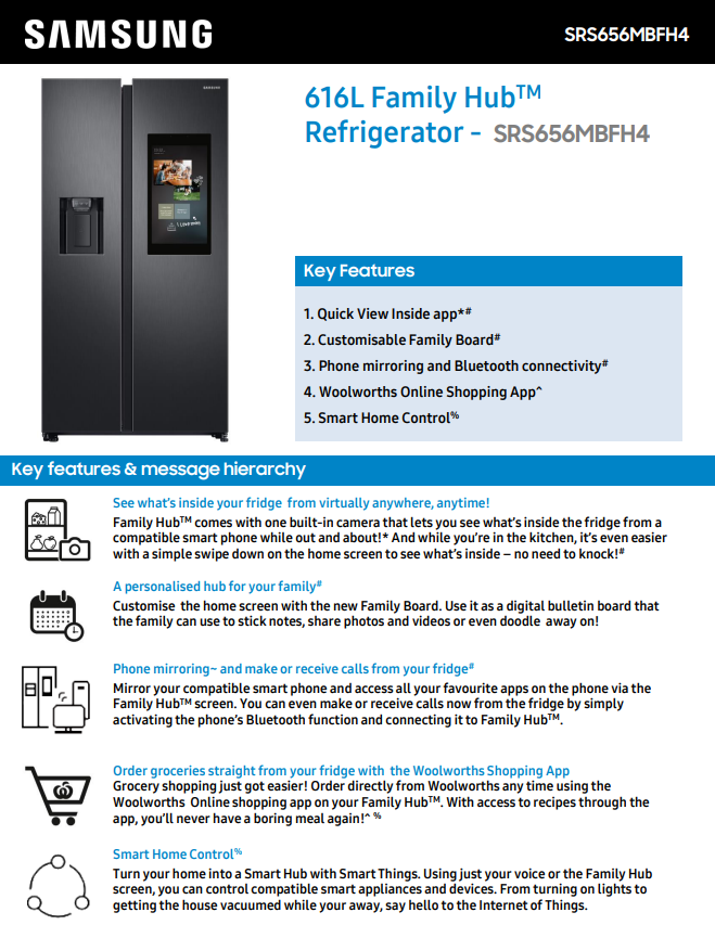 Samsung SRS656MBFH4 616L Family Hub Side By Side Non-Plumbed Refrigerator