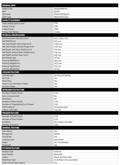 Samsung SRS656MBFH4 616L Family Hub Side By Side Non-Plumbed Refrigerator