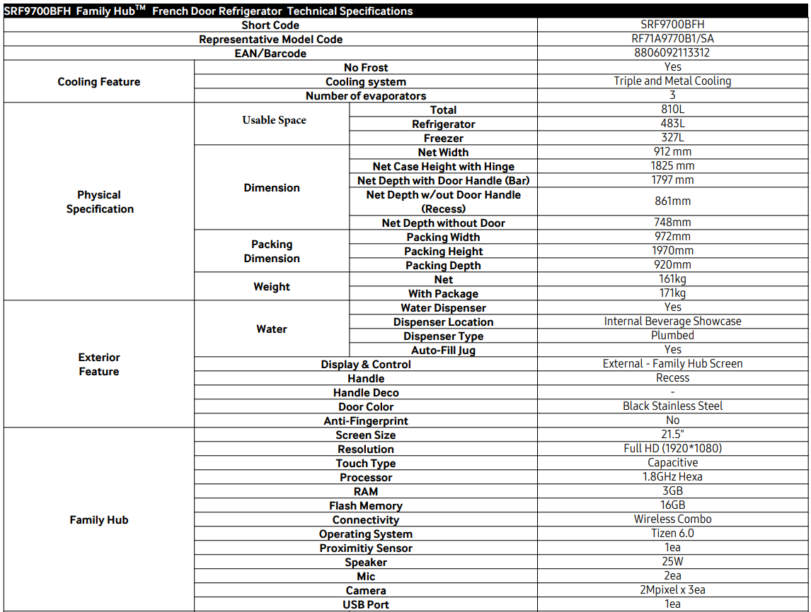 SRF7900BFH Samsung 640L Family Hub French Door Smart Refrigerator