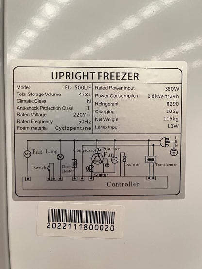 Eurotag EU-500 500lt Glass single door Commercial upright display freezer